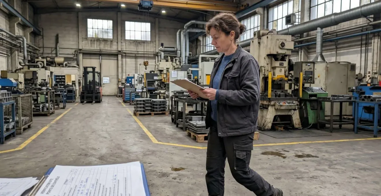Auditeur environnemental consultant un tableau de diagnostic lors d'une visite d'évaluation dans une entreprise industrielle