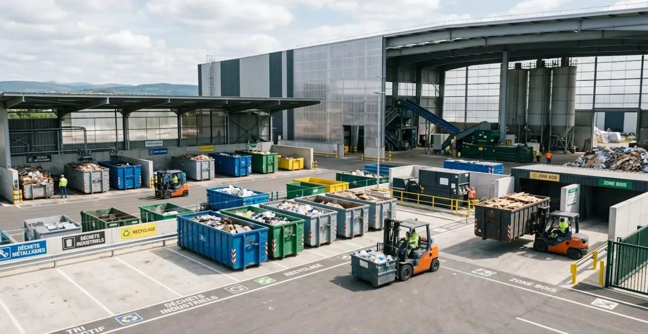 Zone de tri sélectif et gestion des déchets dans un site industriel moderne, perspective grand angle