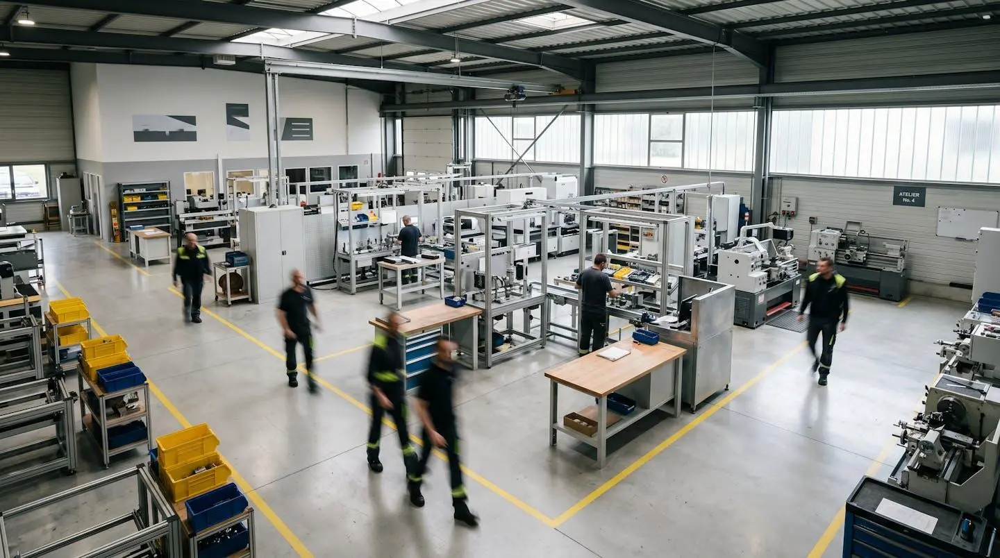 Atelier industriel français moderne avec lignes de production optimisées et espace de travail ergonomique