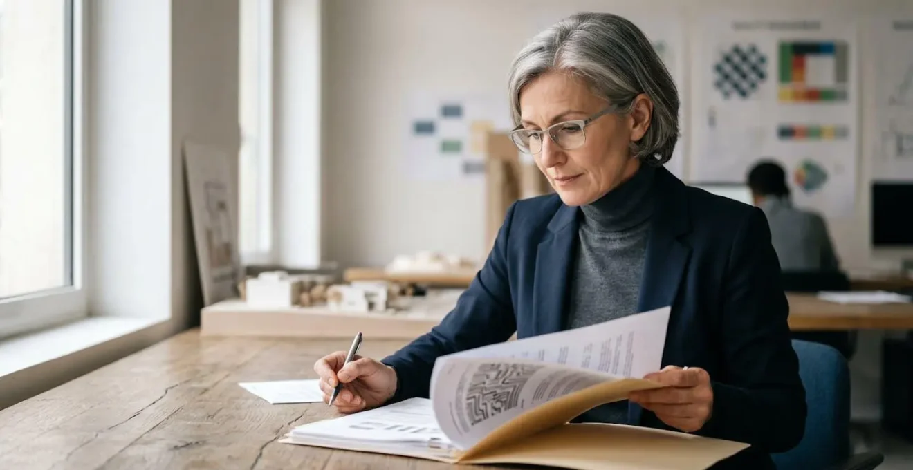 Professionnel auditeur examinant des documents de certification qualité dans un environnement de travail moderne