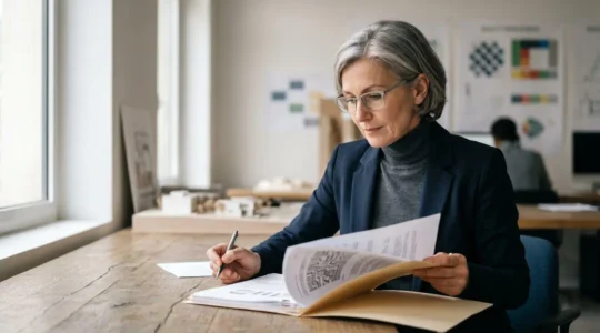 Professionnel auditeur examinant des documents de certification qualité dans un environnement de travail moderne