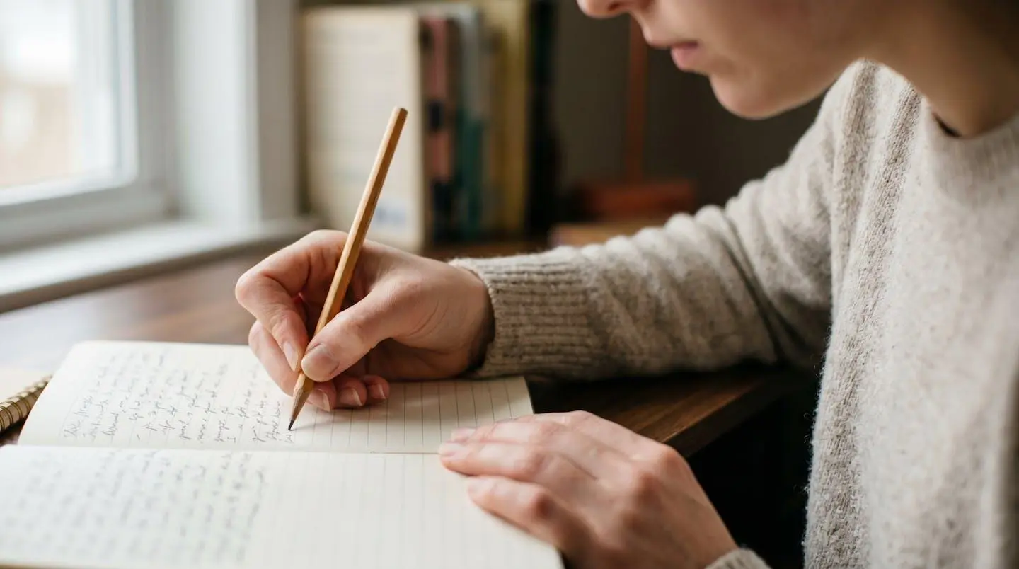 Personne concentrée tenant un crayon devant un carnet ouvert, symbolisant l'auto-évaluation des compétences linguistiques