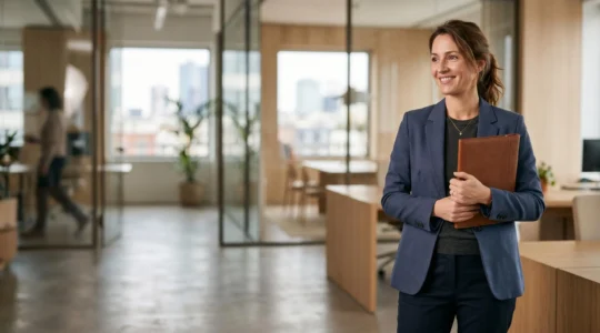 Professionnel confiant dans un environnement de bureau moderne, symbolisant la progression de carrière grâce aux compétences linguistiques