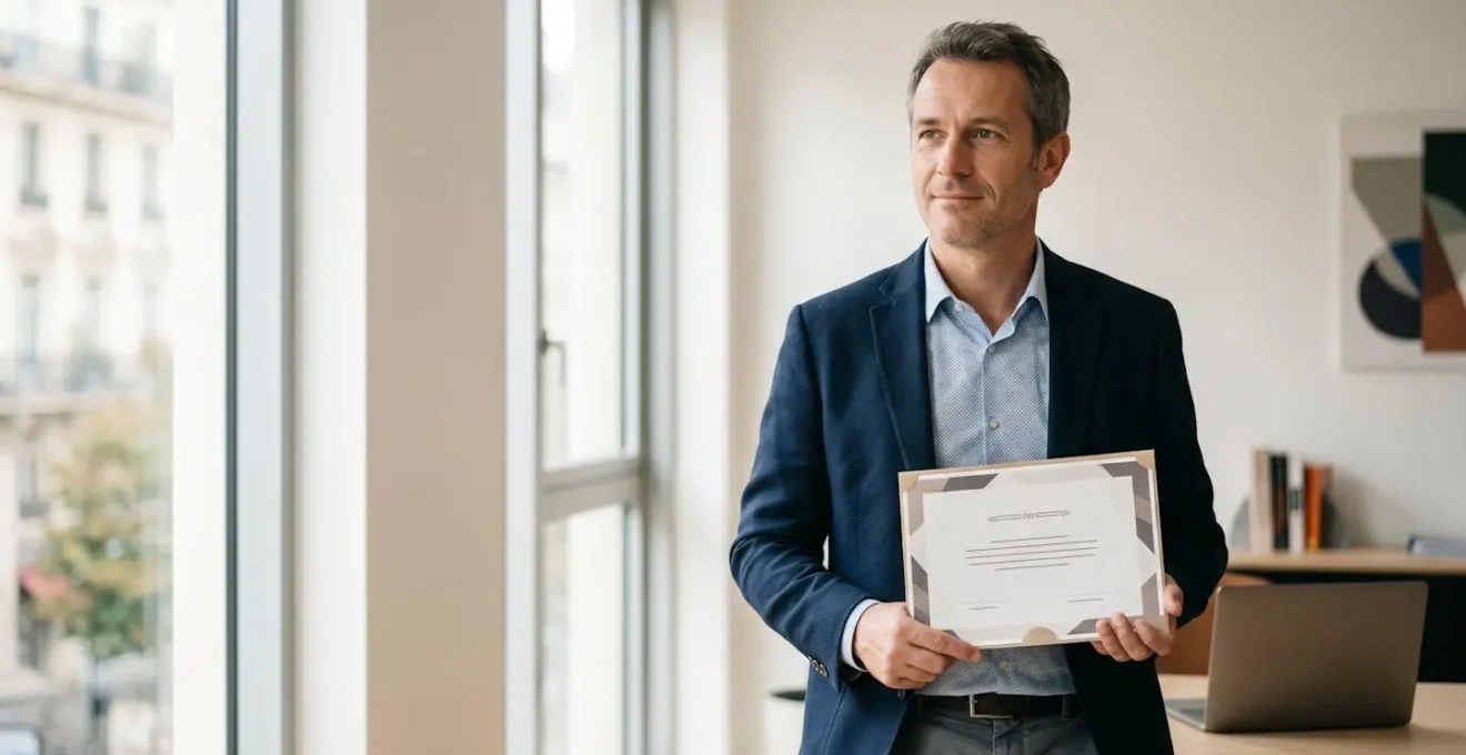Professionnel tenant un certificat officiel dans un environnement de travail moderne et lumineux