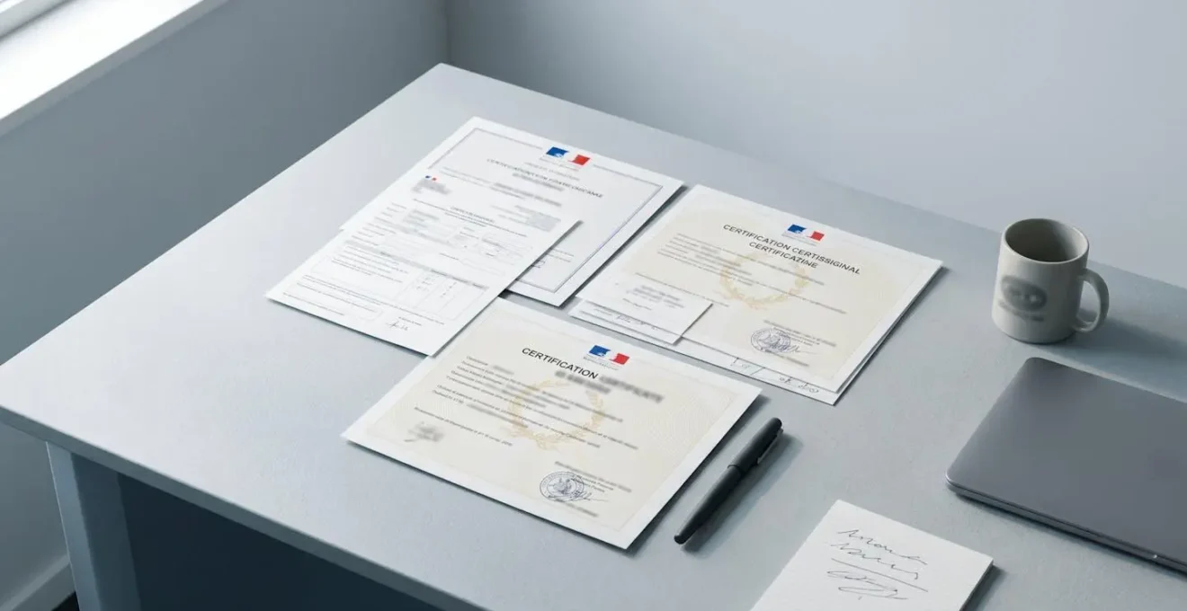Documents officiels de certification professionnelle française disposés sur un bureau avec un dossier de candidature