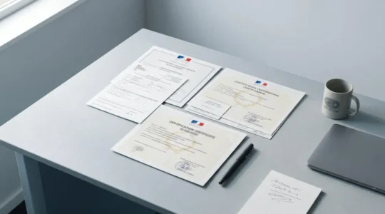 Documents officiels de certification professionnelle française disposés sur un bureau avec un dossier de candidature