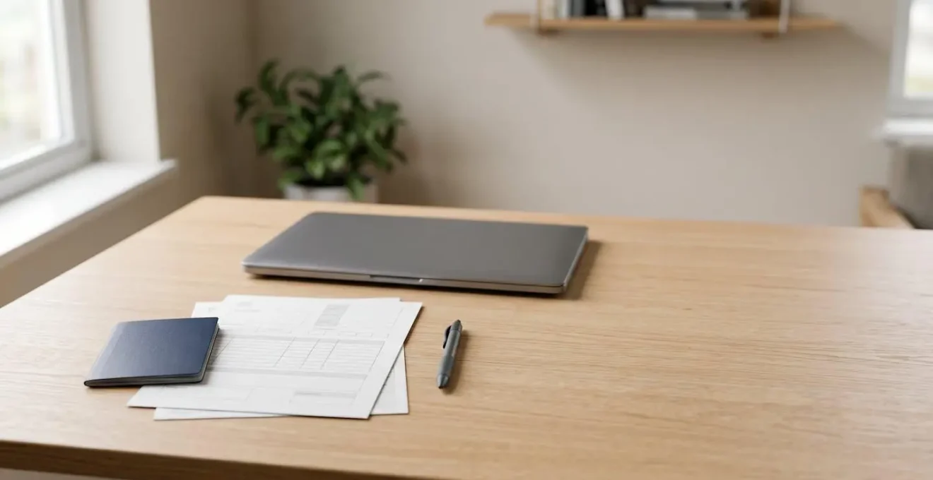 Vue en plongée d'un bureau minimaliste avec documents administratifs et passport, évoquant une démarche d'inscription autonome pour une certification linguistique