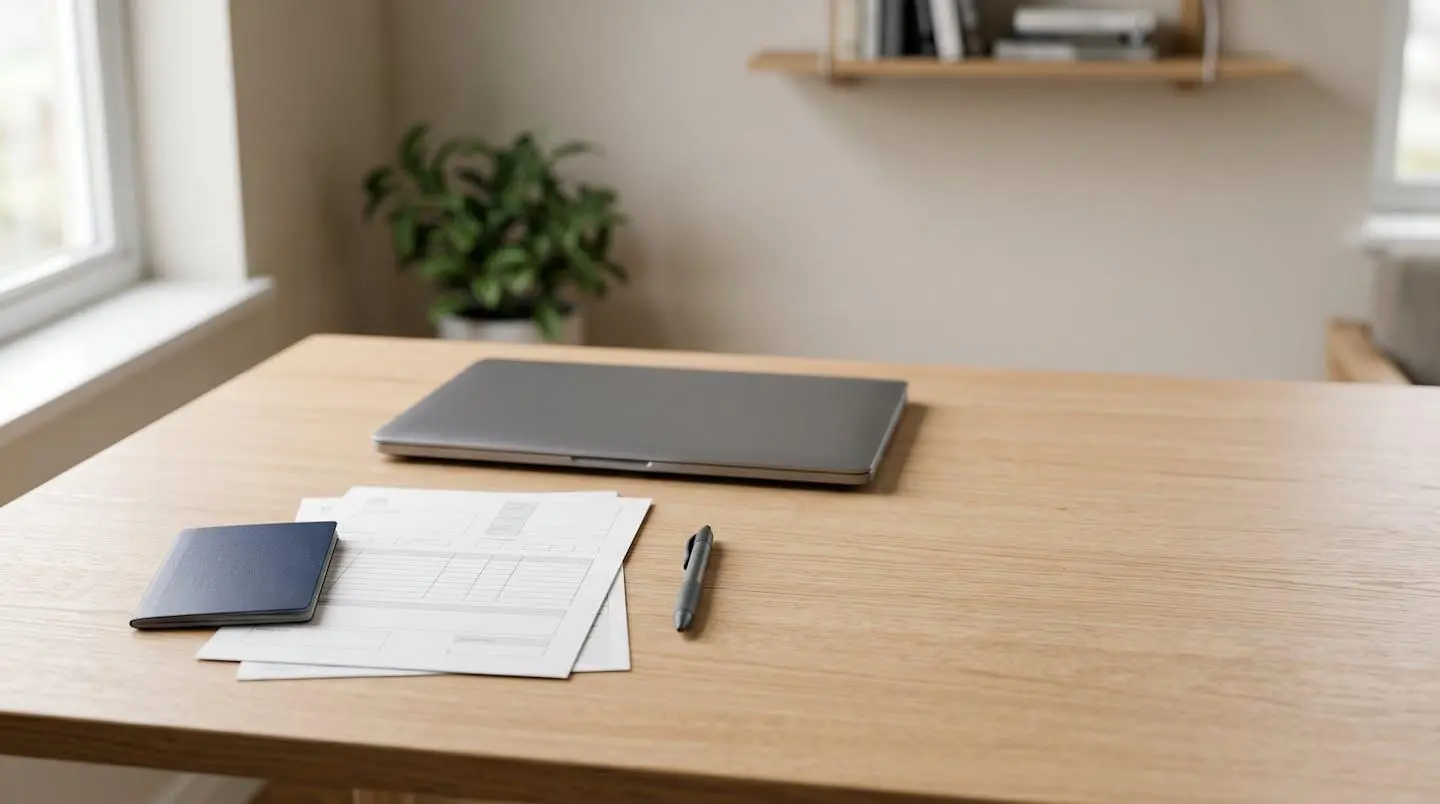 Vue en plongée d'un bureau minimaliste avec documents administratifs et passport, évoquant une démarche d'inscription autonome pour une certification linguistique