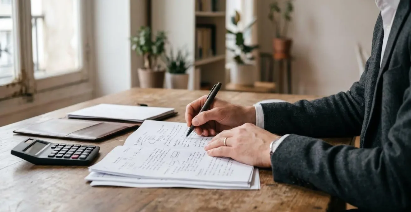 Professionnel analysant différentes options de conseil en certification avec documents et calculatrice
