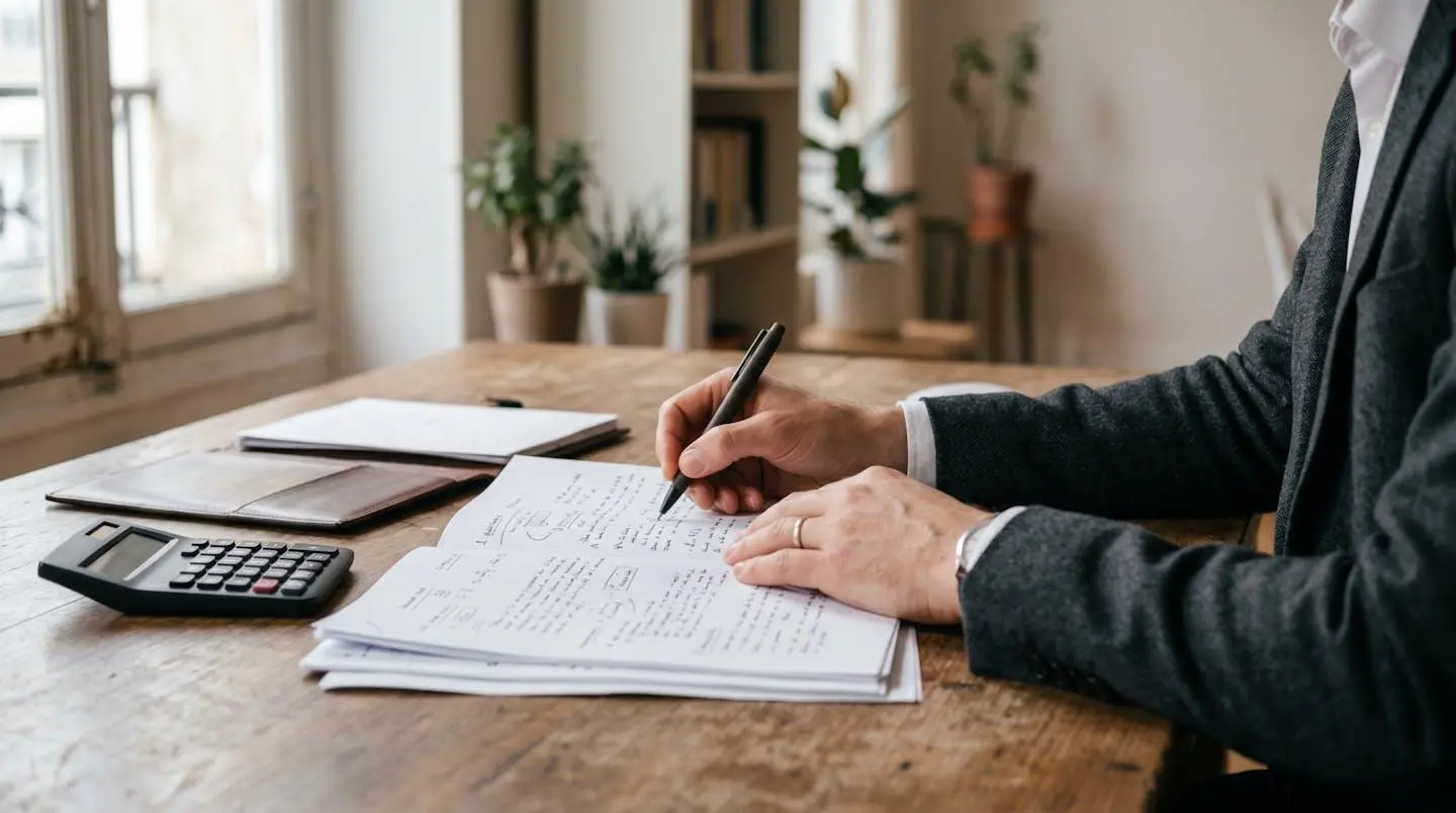 Professionnel analysant différentes options de conseil en certification avec documents et calculatrice