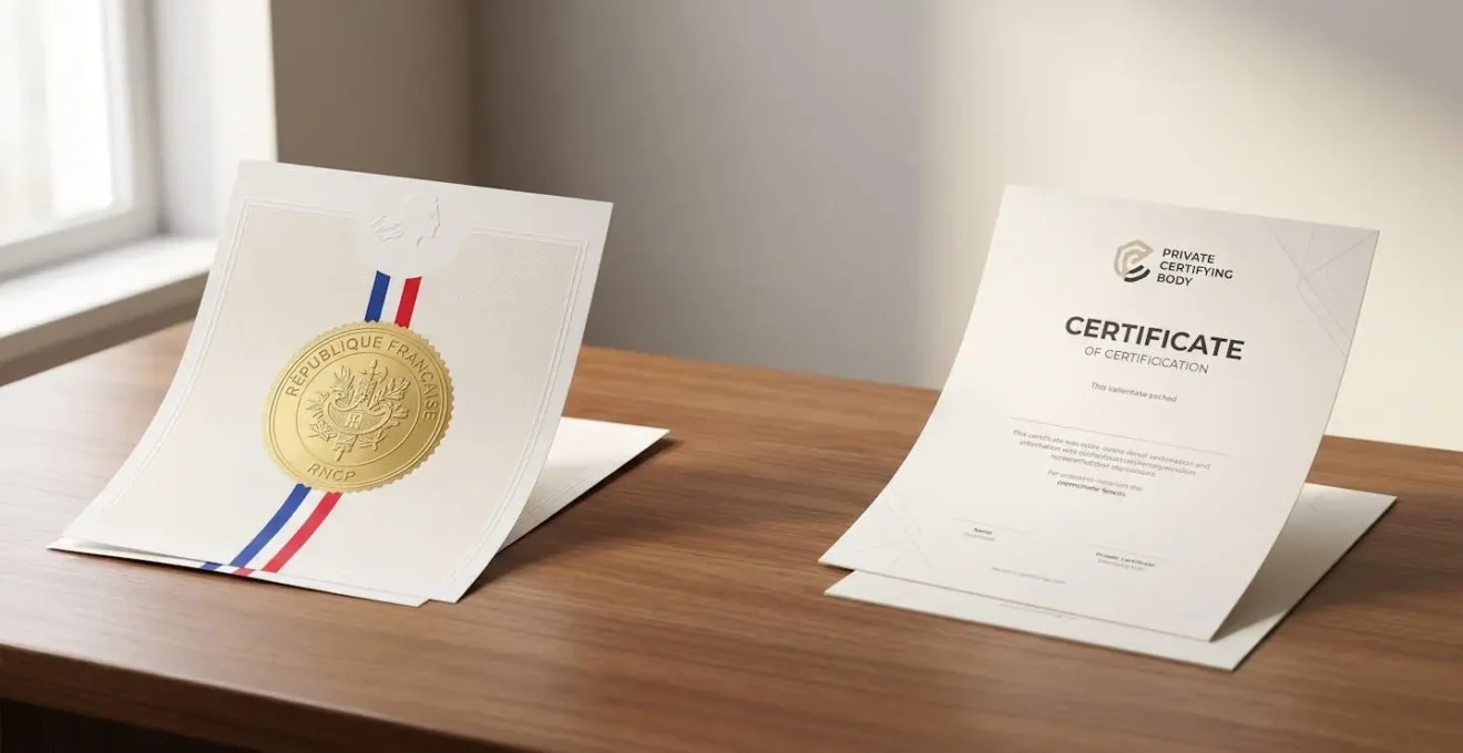 Une composition symbolique représentant le choix entre une certification officielle et un titre privé dans le contexte français