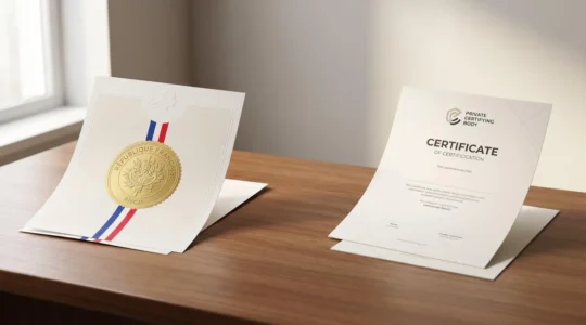 Une composition symbolique représentant le choix entre une certification officielle et un titre privé dans le contexte français