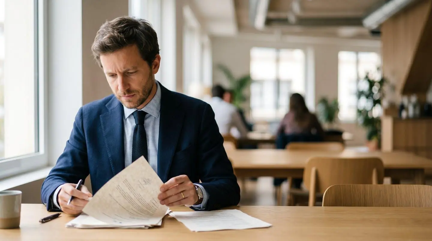 Professionnel consultant des documents officiels pour choisir un centre de formation certifié