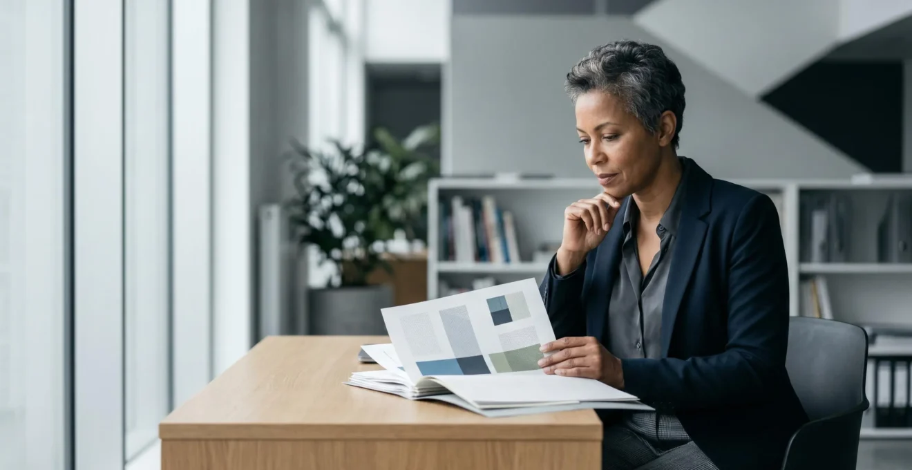Professionnel expérimenté évaluant stratégiquement des options de certification dans un environnement de travail moderne