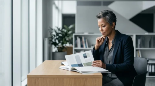 Professionnel expérimenté évaluant stratégiquement des options de certification dans un environnement de travail moderne