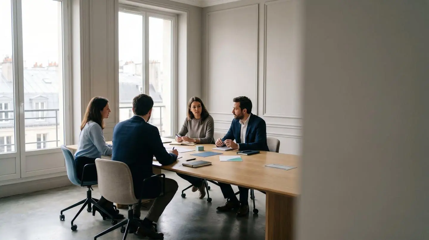 Vue d'ensemble d'une salle de réunion stratégique avec documents et équipe collaborative