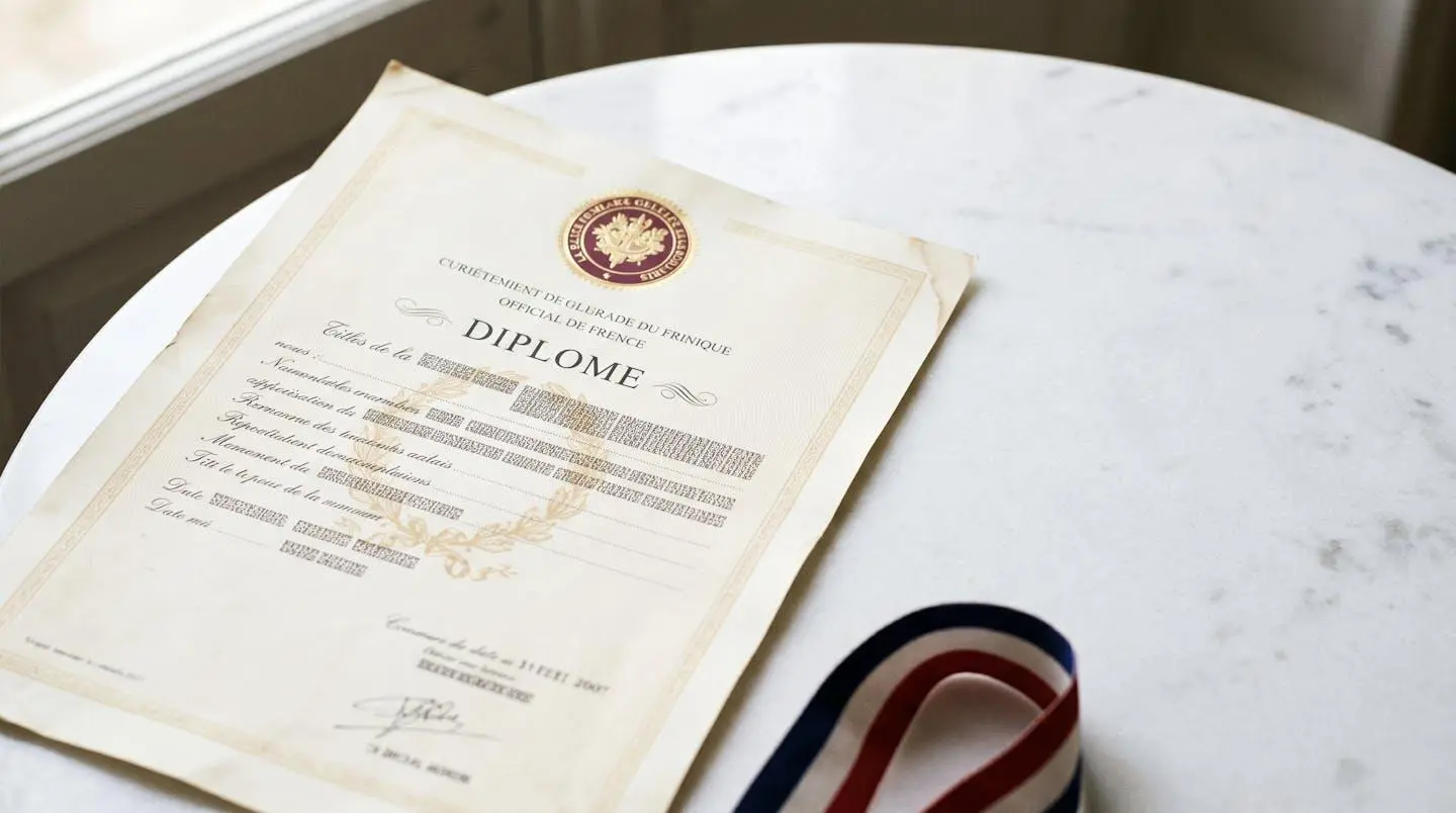 Diplôme officiel français posé sur une surface élégante avec espace négatif minimaliste