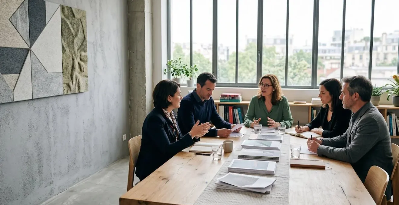 Dirigeant de PME analysant une stratégie de management avec son équipe dans un environnement de travail moderne