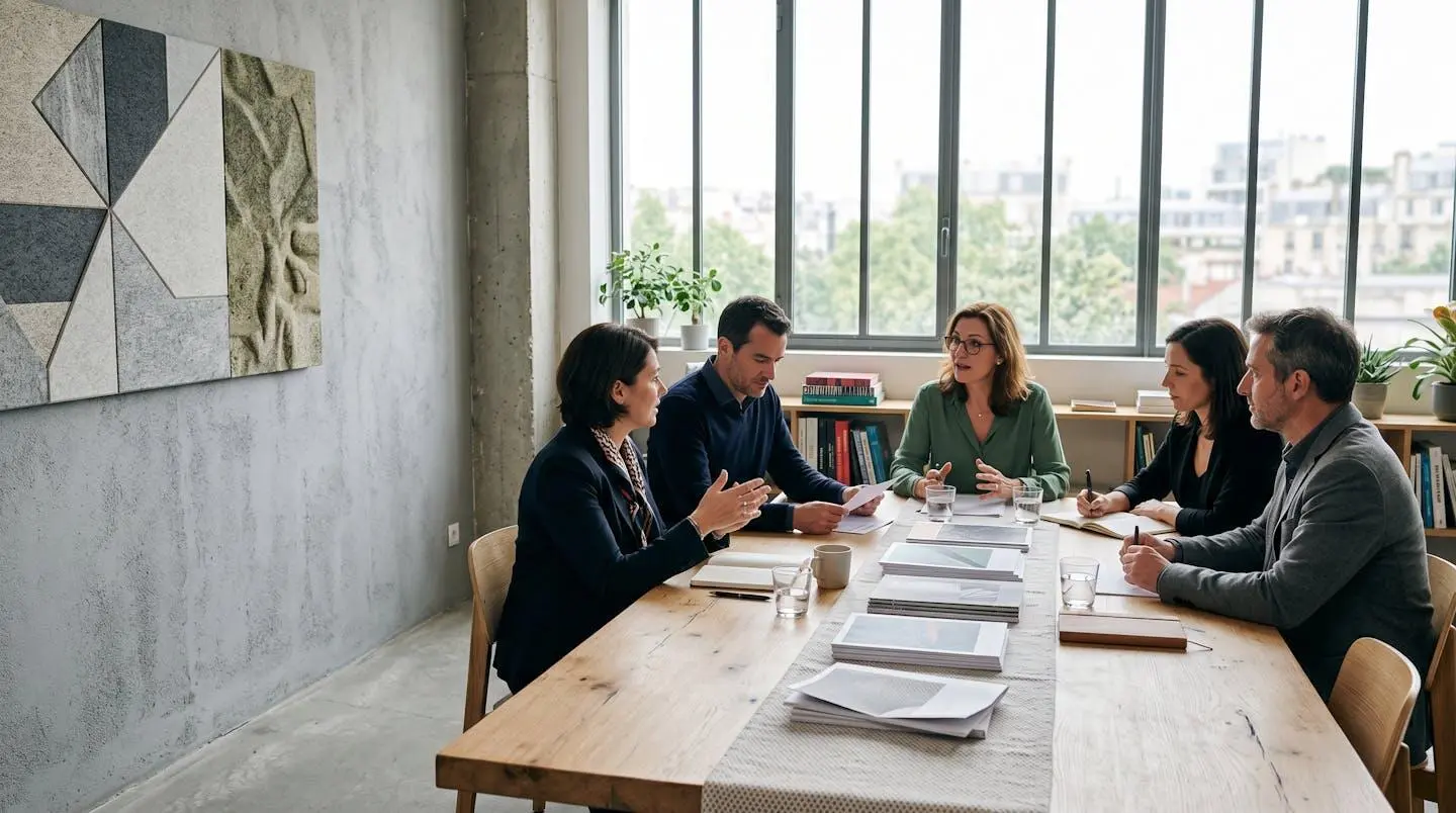 Dirigeant de PME analysant une stratégie de management avec son équipe dans un environnement de travail moderne