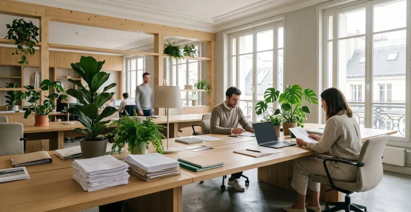 Bureau d'entreprise française moderne avec documents de conformité environnementale et plantes vertes symbolisant la transition écologique