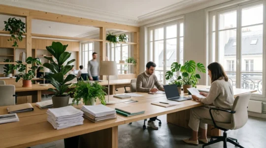 Bureau d'entreprise française moderne avec documents de conformité environnementale et plantes vertes symbolisant la transition écologique