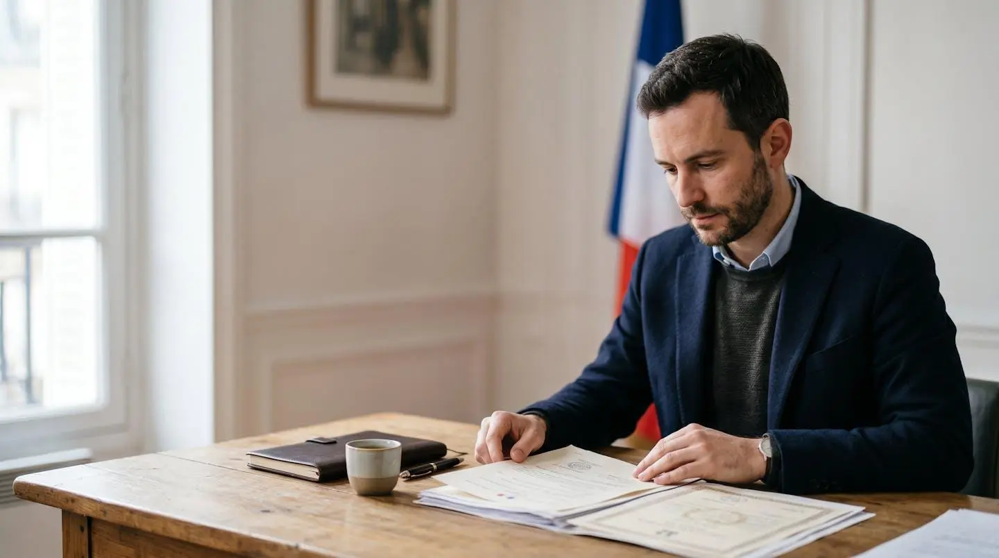 Professionnel analysant des documents de certification dans un environnement de travail français moderne