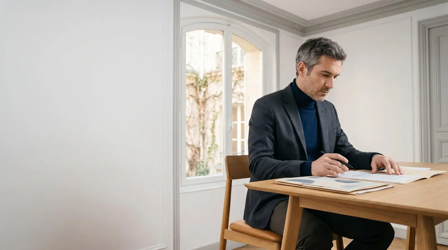 Professionnel consultant un référentiel de compétences sur son bureau dans un environnement de travail lumineux