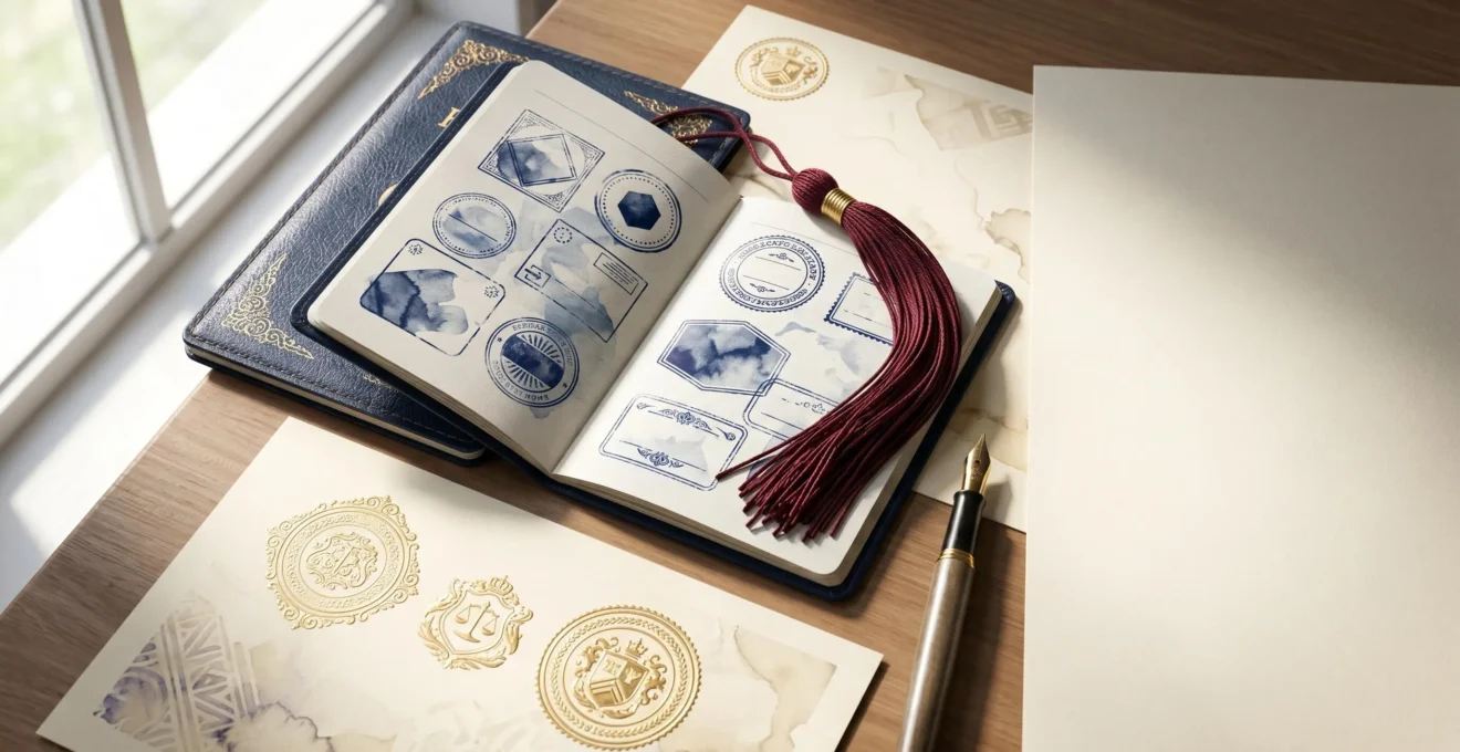 Documents de diplôme international et attestation officielle française disposés sur un bureau professionnel