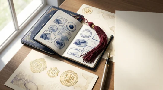 Documents de diplôme international et attestation officielle française disposés sur un bureau professionnel