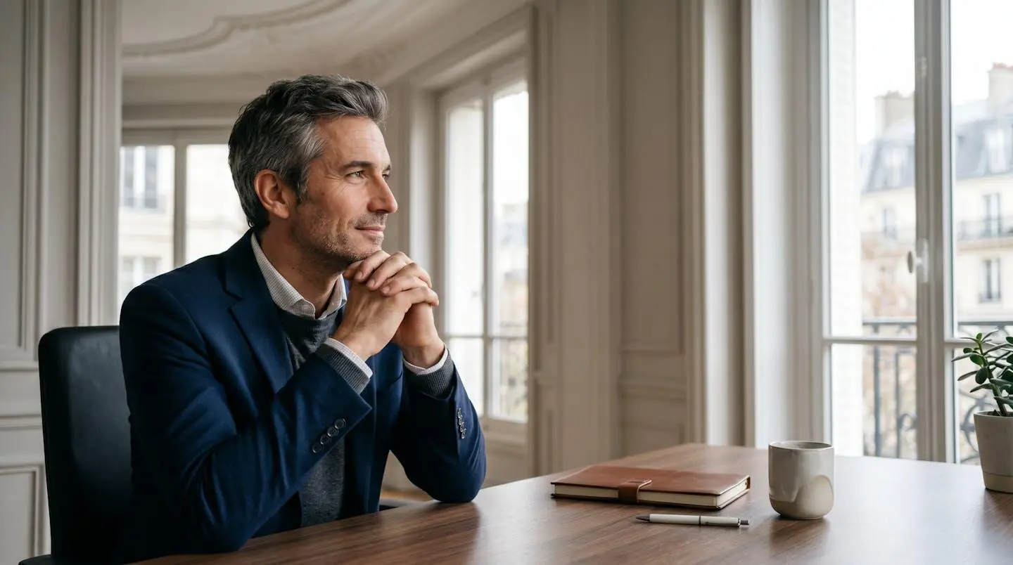 Personne de 40 ans réfléchissant à son avenir professionnel devant un carrefour symbolique