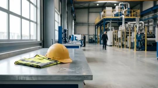 Environnement industriel sécurisé avec équipements de protection moderne et organisation optimale illustrant la certification ISO 45001
